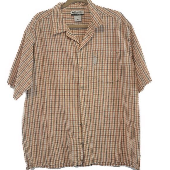 Columbia Short Sleeve Plaid Shirt - Tan/blue/Orange - sz Large - Picture 1 of 4
